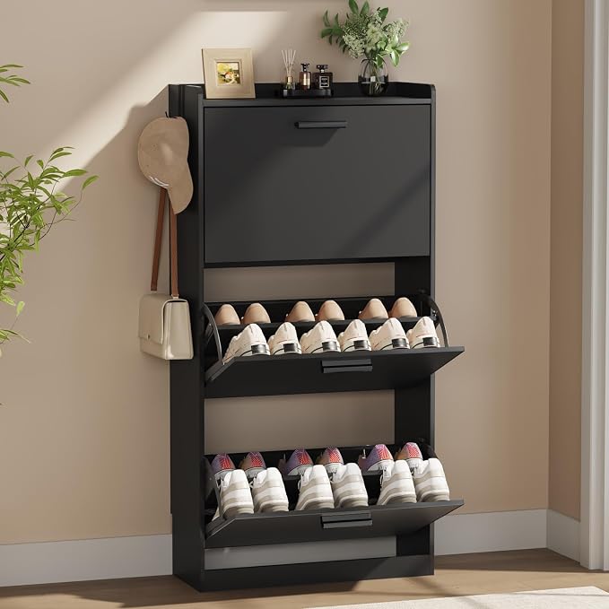 Shoe Cabinet Organizer with 3 Flip Drawers,Narrow Shoe Rack 23.6" W White