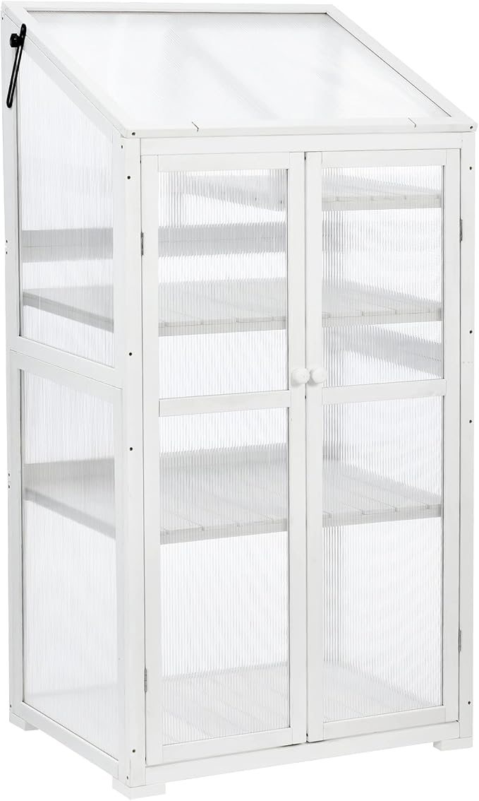 Merax Cold Frame Greenhouse, 62 Inch Large Wooden Greenhouse Cabinet, Garden Cold Frame with Wheels and Adjustable Shelves for Outdoor Indoor Use, White