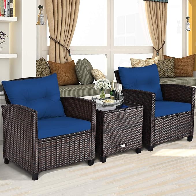 Tangkula 3 Pieces Patio Furniture Set, PE Rattan Wicker 3 Pcs Outdoor Sofa Set w/Washable Cushion and Tempered Glass Tabletop, Conversation Furniture for Garden Poolside Balcony (Blue)
