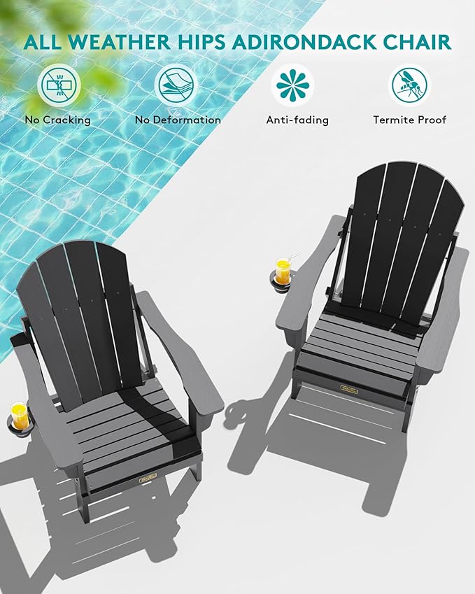 SERWALL Folding Adirondack Chair with Cup Holder for Outdoor, All-Weather Patio Chairs with Wood Texture, Fire Pit Chairs for Deck Porch Garden - Gray