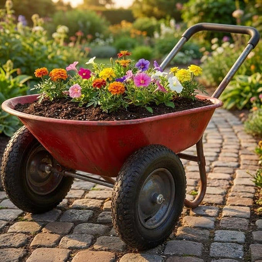 Garden Wheelbarrow Cart, Heavy Duty Utility Cart with Dual Wheels and Built-in Stand, Iron and Plastic Yard Cart for Home, Lawn and Garden