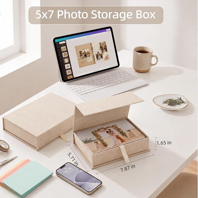 Photo Storage Box 5x7, Keepsake Box - Beige | Linen Material, Connected Lid, for Photos, Certificates, Scrapbooking Supplies, Keepsakes, Jewelry