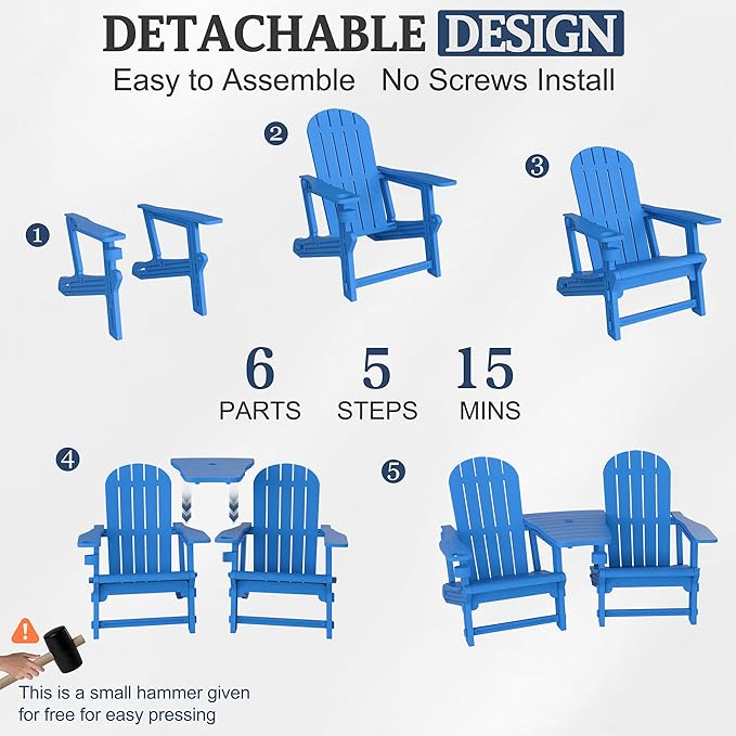 Vongrasig Adirondack Chairs Set of 2 with Removable Tabletop, Outdoor HDPE Plastic Fire Pit Chair Set with Wooden Textured, Cup Holder for Patio, Poolside, Deck, Garden, Light Blue, 3 Pieces