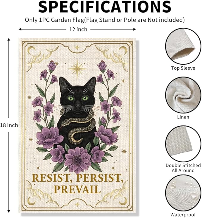 Resist Persist Prevail Garden Flag, Feminist Snake Cat Yard Decor, Empowerment Political Statement Justice Banner, Black Cat Lovers Flag Gifts, Community Welcome Home Holiday Party Outdoor Decor