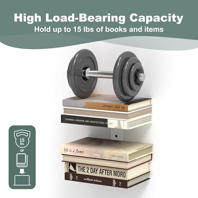 Mefirt Invisible Floating Bookshelves for Wall, 2 Pack Floating Bookshelf | White Vertical Spine Book Tower, Heavy Duty Floating Book Shelves Metal Book Organizers for Home Office