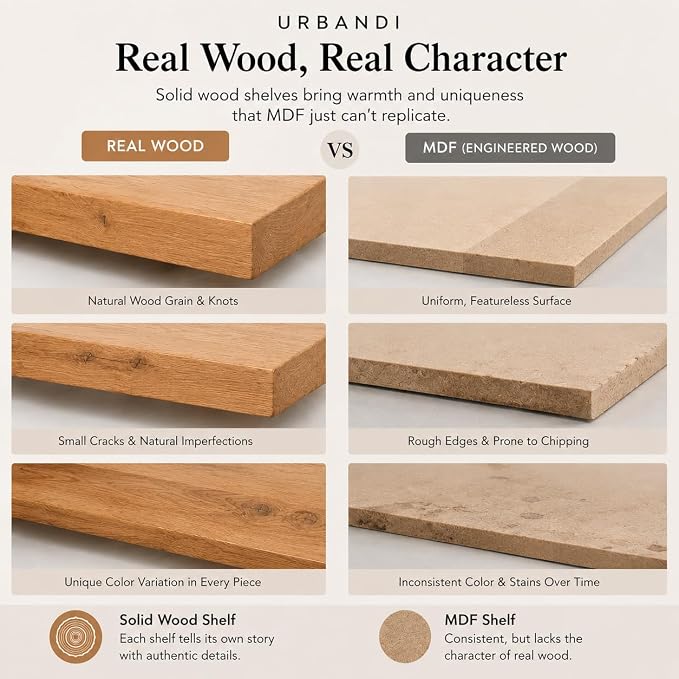 Urbandi Modern Floating Shelves 3 Inches Thick for Wall, Wide Shelves for Kitchen, Living Room, Bedroom, and Bathroom, Natural Pine Wood, Rustic Wooden Shelf, (Set of 2) (Aged Oak, 24Lx3Hx8D)