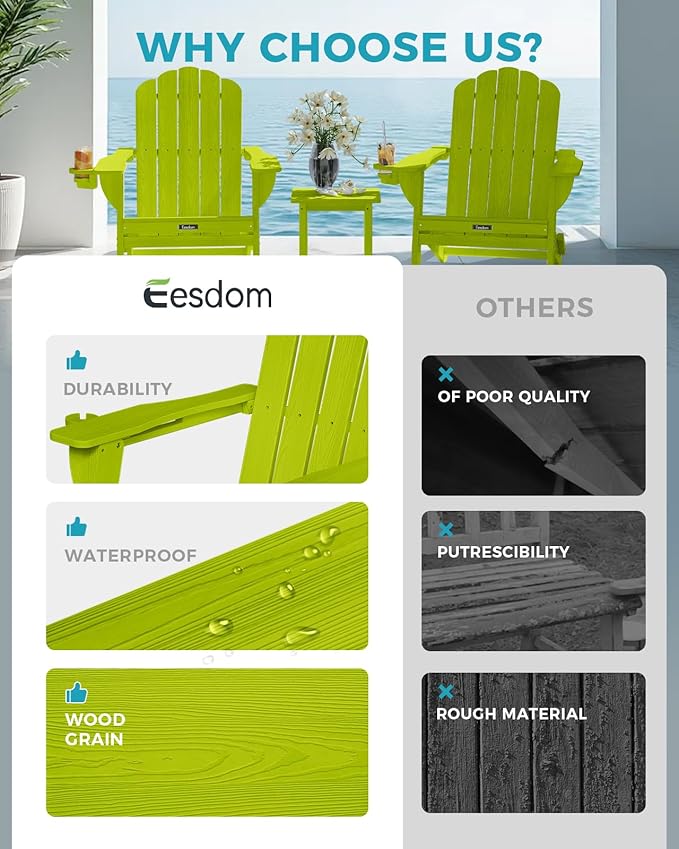 AEesdom Adirondack Chairs Set of 2, HDPE Material Fire Pit Chairs, Plastic Adirondack Chairs with 2 Cup Holder, Outdoor Lawn Chair for Patio Garden, LemonGreen