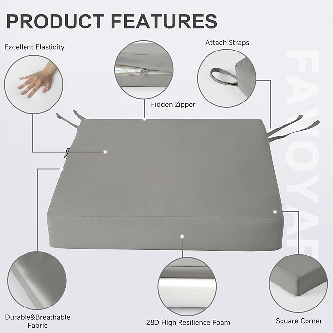 Favoyard Patio Chair Cushions 18.5 x 16 x 3 Inch Waterproof Outdoor Seat Cushions for Patio Furniture 3-Year Color Fastness Garden Sofa Couch Chair Pads with Handle & Adjustable Straps Set of 2, Grey