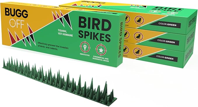BUGGOFF - Green Plastic Bird & Rodent Spikes, Unique Spike Pattern effecitviely deteres Pesky Pigeons, Squirrels, Raccoons. Installs on Fences, Gates, Roofs, Walls and More! (52.5 Feet)