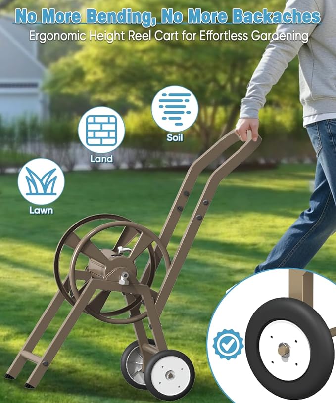 Artigarden Garden Hose Reel Cart with Wheels, Holds 165 ft of 5/8’’ Hose Outdoor Heavy Duty Powder-coated Steel Water Storage Winder Holder with 3.9 Ft Leader Hose for Outside Lawn Yard, Brown