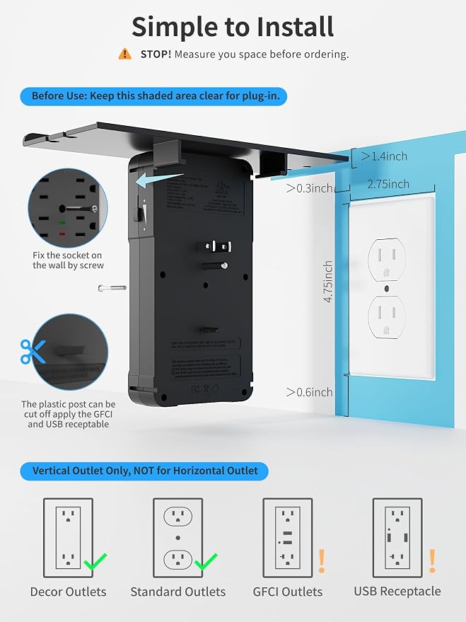 6 AC Wall Outlet Extender, Surge Protector, with Shelf and Night Light,Black