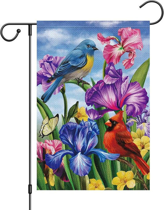 Louise Maelys Welcome Spring Summer Garden Flag 12x18 Double Sided Vertical, Burlap Small Cardinal Birds Irises Floral Yard House Outside Outdoor Seasonal Holiday Decoration