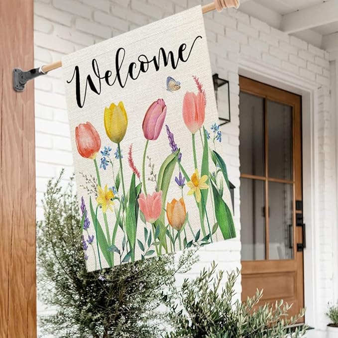 CROWNED BEAUTY Spring House Flag Floral 28x40 Inch Double Sided for Outside Tulips Welcome Burlap Large Yard Holiday Flag CF743-40