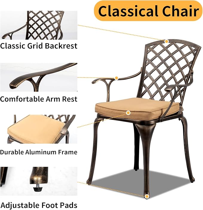 VINGLI Patio Chairs Set of 2, All-Weather Cast Aluminum Outdoor Dining Chairs with Cushion, Metal Armchairs for Poolside, Backyard, Balcony