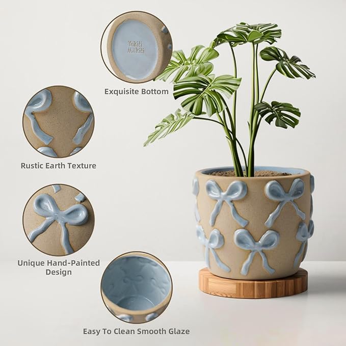 Ceramic Flower Pots for Indoor and Outdoor Plants, Succulent Orchid Round Clay and Terracotta Planter for Garden Home Modern Decoration 5.3 Inch (Blue Bow, Without Saucers)