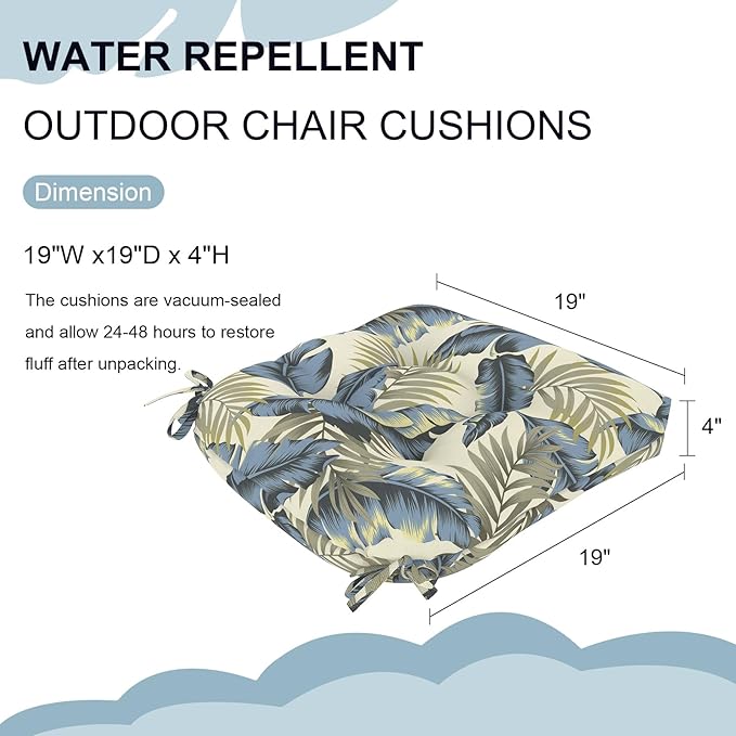 DYTXIII Set of 2 Outdoor Chair Cushions 19"x19"x4", Water Repellent Tufted Patio Seat Cushions with Ties, Thick Replacement Pads for Wicker Dining Chairs, Patio Furniture, Lush Palm Blue