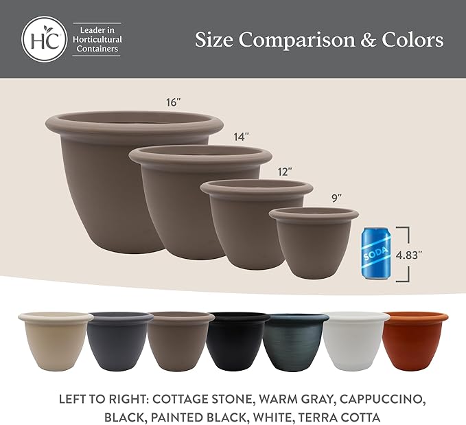The HC Companies Sevilla Flower Planters - Outdoor & Indoor Planter - Round Self Watering Plant Pots for Herbs & More (9”, Cappuccino, Pack of 2)