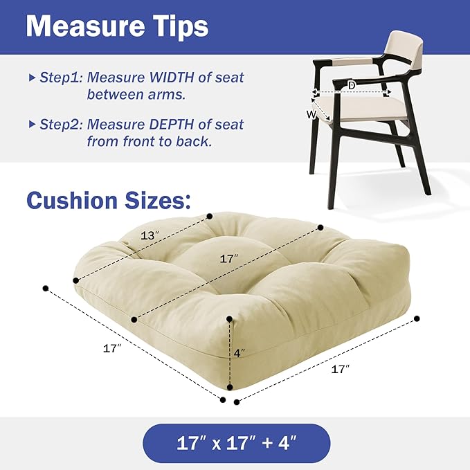 IPYNBAP Outdoor Chair Cushions Set of 2, Patio Chair Cushions with Ties, 17x17+4” Tufted Outdoor Seat Cushions, Waterproof Patio Furniture Cushions, Outdoor Dining Chair Pads, Beige (Pack of 2)