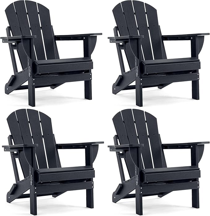 Folding Adirondack Chair, HDPE Outdoor Texture Lawn Chair with Reclining Back, Cup and Phone Holder - Comfortable Firepit Chair Weather Resistant for Patio or Backyard (Dark Black, Set of 4)