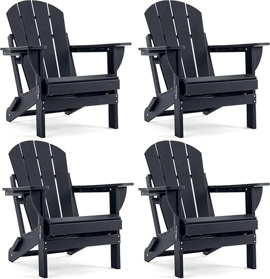 Folding Adirondack Chair, HDPE Outdoor Texture Lawn Chair with Reclining Back, Cup and Phone Holder - Comfortable Firepit Chair Weather Resistant for Patio or Backyard (Dark Black, Set of 4)