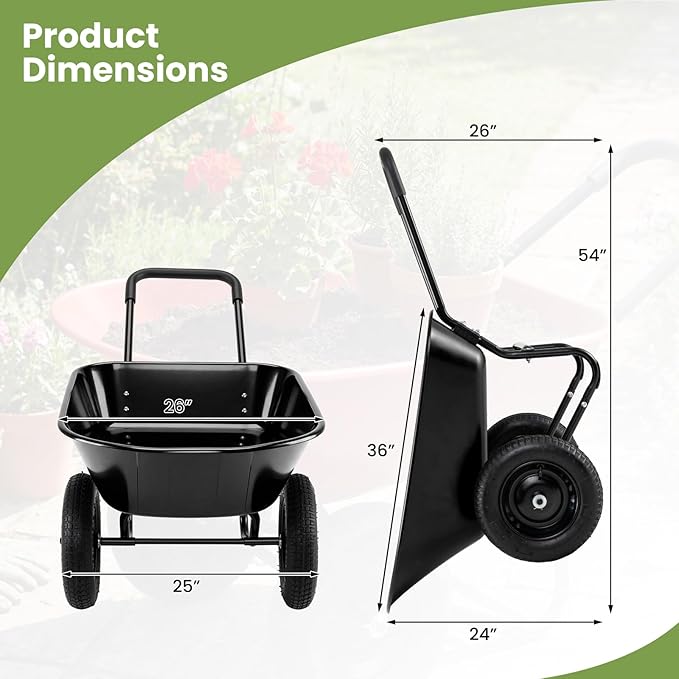 Goplus 2 Wheel Wheelbarrow, Dual Wheel Barrow with 14 inches Pneumatic Rubber Tires, 330 lbs Capacity Garden Yard Cart for Gardening Tool, Moving Soil, Wood, Gravel, Mulch