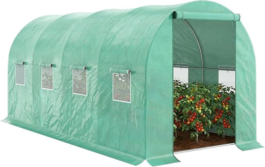 Outsunny 15' x 7' x 6.5' Walk-in Tunnel Hoop Greenhouse, Green House for Outside with PE Cover, Steel Frame, Roll-Up Zipper Door & Windows for Flowers, Vegetables, Tropical Plants, Green