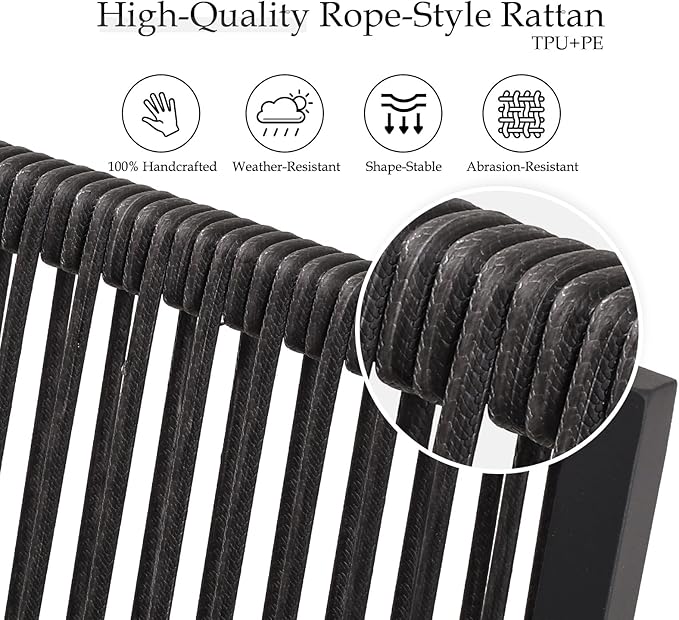 Outdoor Patio Wicker Rattan Dining Chairs, Heavy-Duty Wrought Iron Frame Supports 300lbs, Ergonomic Backrest, Detachable Breathable Cushion, for Garden & Porch, Black, Set of 4