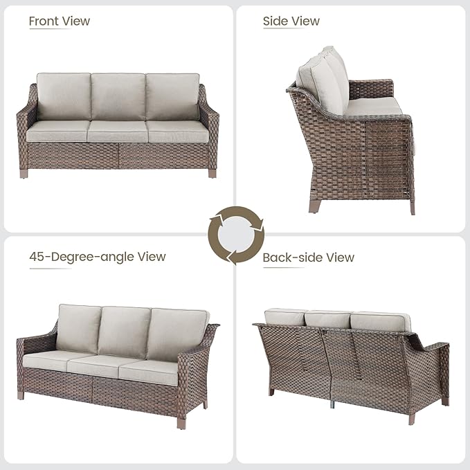 Outdoor Wicker Patio Furniture Set - 5 Piece Outside Rattan Conversation Bistro Dining Chair Sets with Rocking Swivel Chairs, 3-Seat Couch and Ottomans for Porch Yard Balcony – Brown/Beige