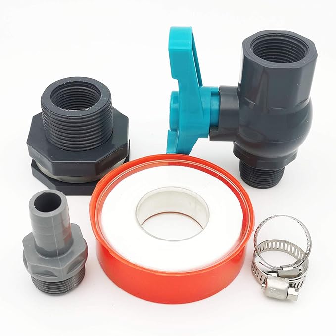 Rain Barrel Spigot PVC Faucet Kit with Bulkhead Fitting, Ball Valve, Garden Hose Barb Adapter, Pipe Clamps, Thread Seal Tape (for 12.5mm ID Hose)