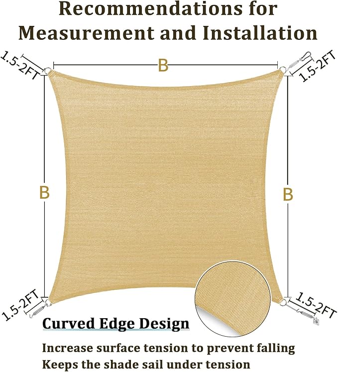 Shade&Beyond 16'X16' Sun Shade Sails Curved Canopy Square Beige 185GSM Shade Sail Permeable for Patio Deck Yard Backyard, (We Make Custom Size)