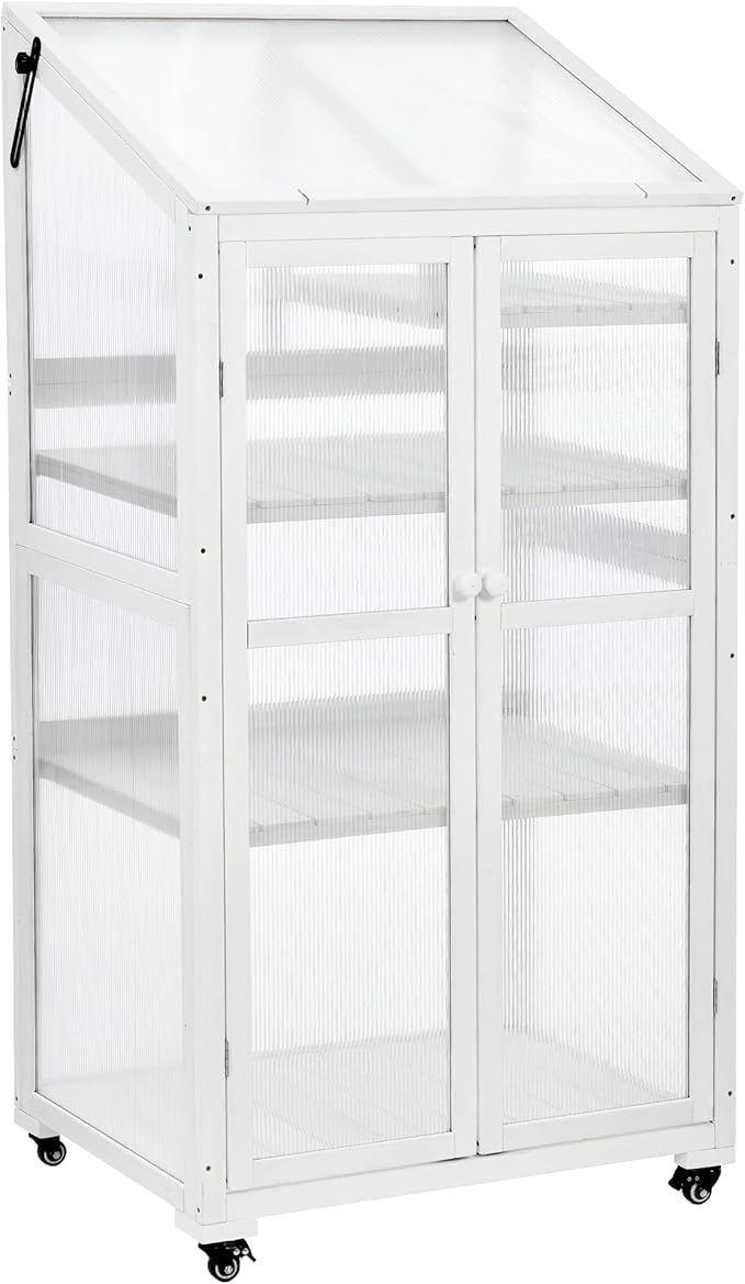 62'' H Wood Greenhouse for Outdoors, Portable Cold Frame Greenhouses with Wheels & Adjustable Shelves for Indoor, Garden, Patio Balcony,Easy Assembly,White