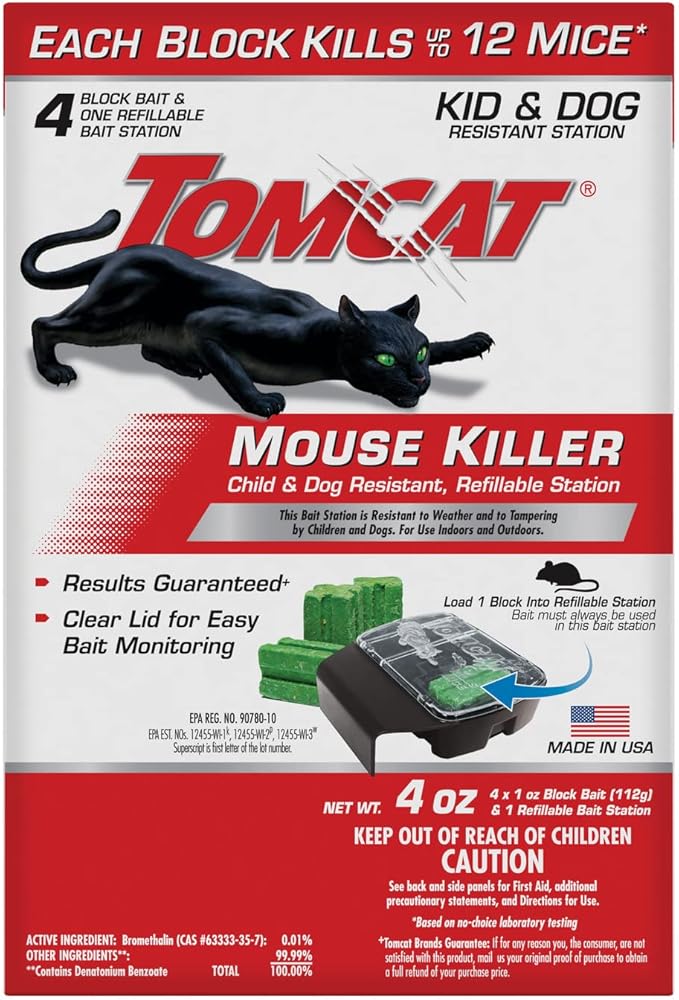 Tomcat Mouse Killer, Child & Dog Resistant, Refillable Station and 4 Baits | Weather-Resistant Indoor/Outdoor Bait Station with Clear Monitoring Lid, 1 Station and 4 Bait Blocks