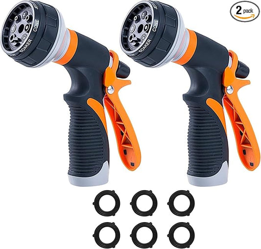 Garden Hose Nozzle, New Upgraded Version High-Pressure 8 Spray Patterns Adjustable Hose Sprayer Nozzle, ABS Slip Resistant, Water Hose Nozzle for Plant Watering, Car Wash, Showering Pets-2Pack