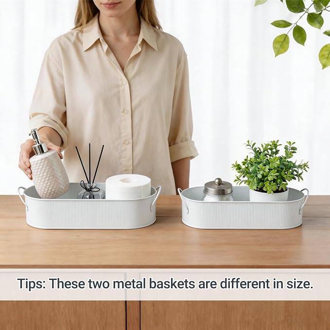 Mkono Metal Storage Basket, Toilet Paper Holder Bathroom decor, 2 Pack | White, Farmhouse Galvanized Metal Tray, Back of Toilet Tank Organizer, Decorative Bin, Bathroom Bedroom Living Room Office
