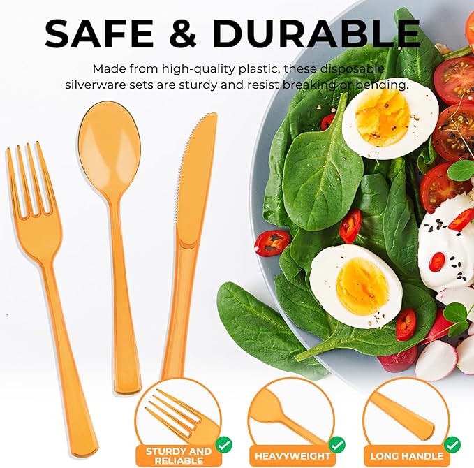 75 PCS Plastic Silverware Disposable Silverware Heavy Duty Utensil Sets 25 Of Each Forks Knives & Spoons Disposable Cutlery Set For Easter,Birthday,Baby Shower,Garden Party,Wedding(75,Orange)