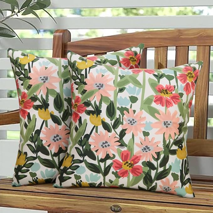 Pyonic Outdoor Pillows Cover Pack of 2 Spring Floral Waterproof Throw Pillow Covers 20X20 inch Outdoor Pillows for Patio Furniture Garden Square Outside Waterproof Pillow