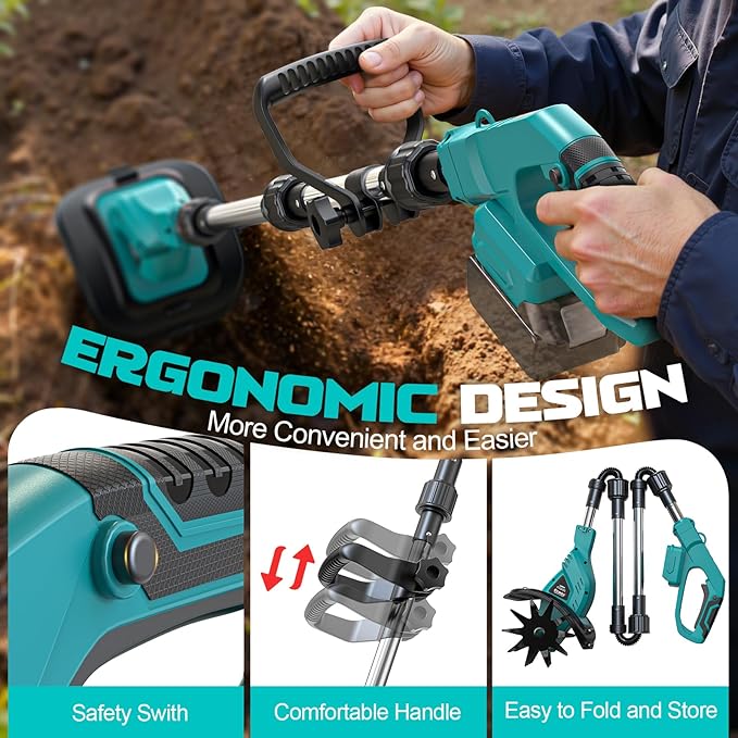 Cordless Tiller Cultivator Compatible with Makita 18V Battery (Tool Only), 450RPM Electric Tiller for Gardening, 9"x6.3" Tilling, 48 Reinforced Steel Tines Rototiller for Lawn/Soil Cultivation
