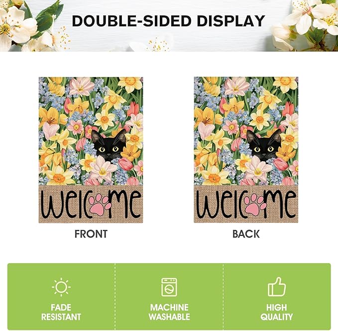 AVOIN colorlife Spring Floral House Flag 28x40 Inch Double Sided Outside, Black Cat Welcome Seasonal Yard Outdoor Flag