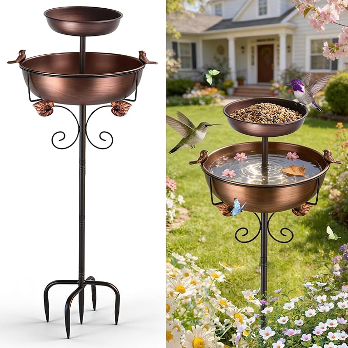 1.5 Gallon Lower Basin, 2 Tier Metal Bird Bath for Outside, 46.65 Inch Vintage Freestanding Bird Bath with Upgraded 5-Pronged Base, 2 in 1 Bird Bathing & Bird Feeding, Garden Patio Yard Lawn Decor