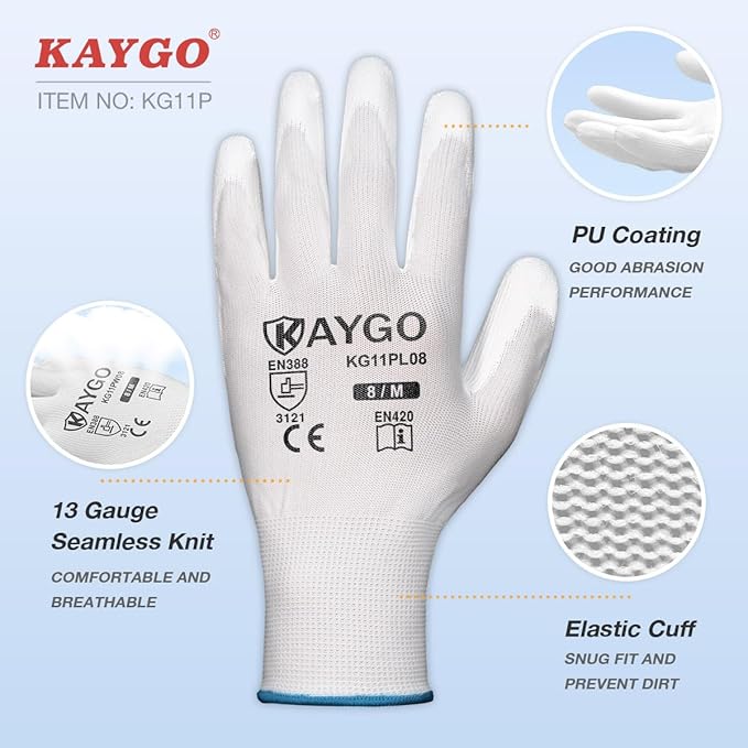 KAYGO Work Gloves for Men and Women, 12 Pairs Seamless Knit PU Coated Safety Gloves, with Smooth Grip on Palm and Fingers, Ideal for Light Warehouse, Manufacturing, Gardening, KG11P (2XL, White)
