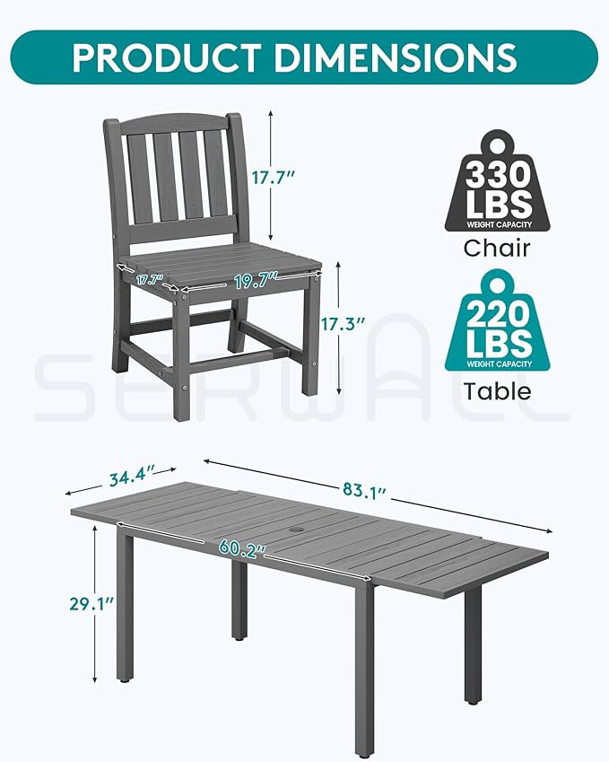 SERWALL Outdoor Dining Chairs Set of 2, All-Weather HDPE Patio Armless Chairs, Grey