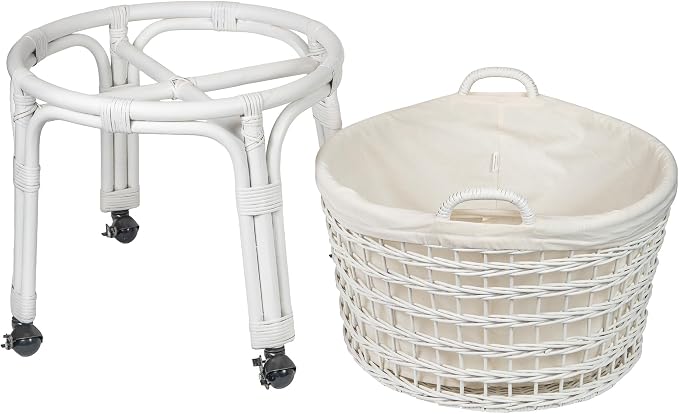 KOUBOO Rolling Wicker Laundry Basket, Handwoven Wicker Hamper with Removable Cotton Liner, Stand, & Locking Caster Wheels (White)