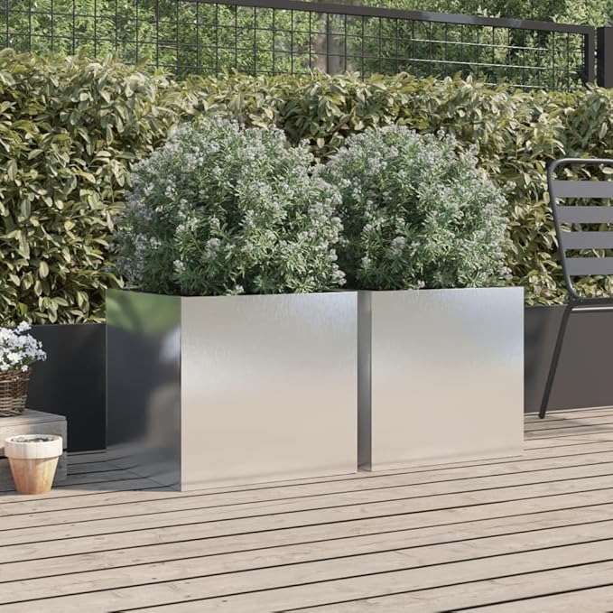 Stainless Steel Rectangular Planter Set of 2 with Polished Finish for Indoor Outdoor Plants Large Decorative Inlays Modern Home Garden Decor
