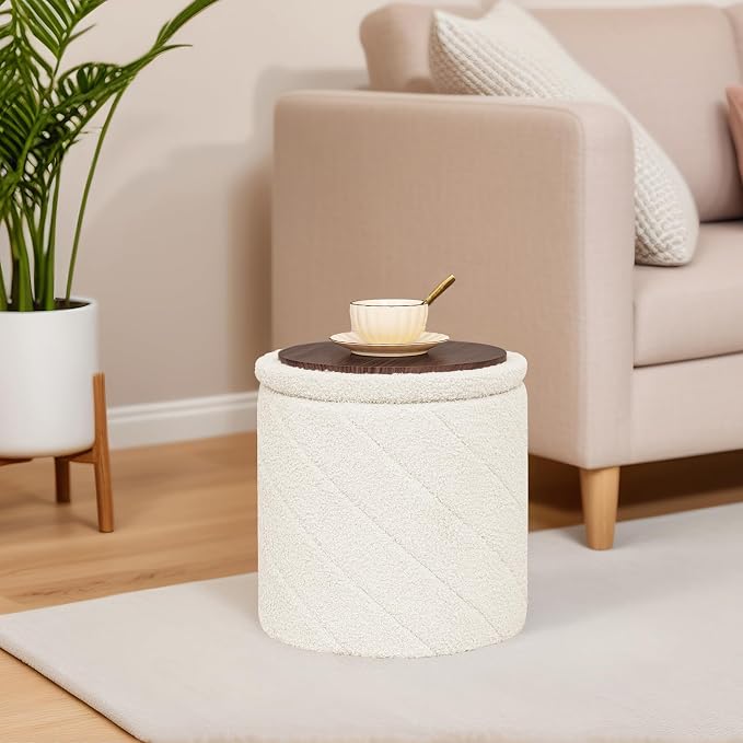 B FSOBEIIALEO Ottoman with Stroage, 13" Round Boucle Ottomans, Cream White | Small Ottoman with Removable Tray Lid, Foot Rest Stool, Twisted Design Coffee Table for Dorm Room, Living Room