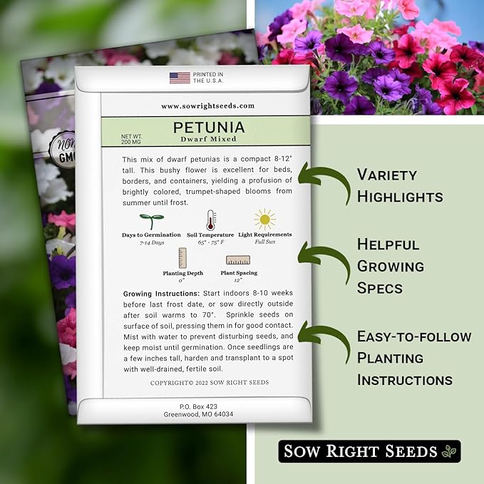 Sow Right Seeds - Dwarf Mixed Petunia Seeds to Plant - Full instructions for Planting and Growing a Flower Garden - Non-GMO Heirloom Seeds - Annual Hanging Basket Flower - Wonderful Gardening Gift (2)