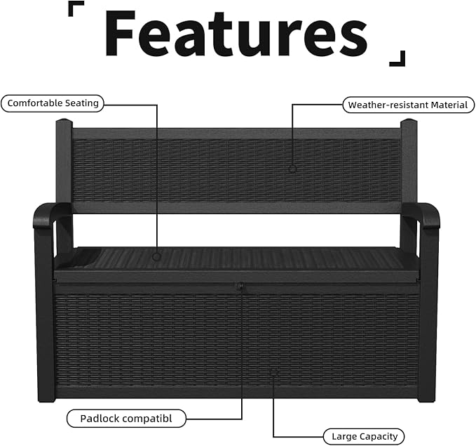 PatioZen 80 Gallon Outdoor Storage Bench Deck Box Waterproof Lockable,Outdoor Storage Furniture for Patio,Garden and Porch,Tools and Cushions（Black）