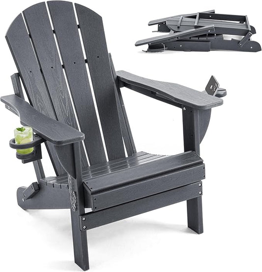 Folding Adirondack Chair, HDPE Outdoor Texture Lawn Chair with Reclining Back, Cup and Phone Holder - Comfortable Firepit Chair Weather Resistant for Patio or Backyard (Grey, Set of 1)