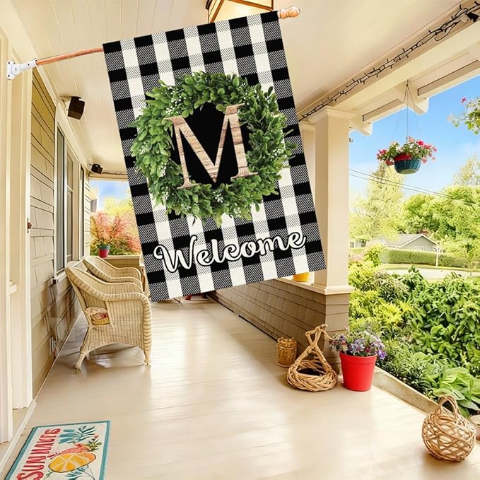 Baccessor Monogram Letter M Garden Flag 28 x 40 Inch, Buffalo Plaid Family Last Name Initial Boxwood Wreath Welcome Vertical Double Sided Large Flags for Outdoor Outside Decoration