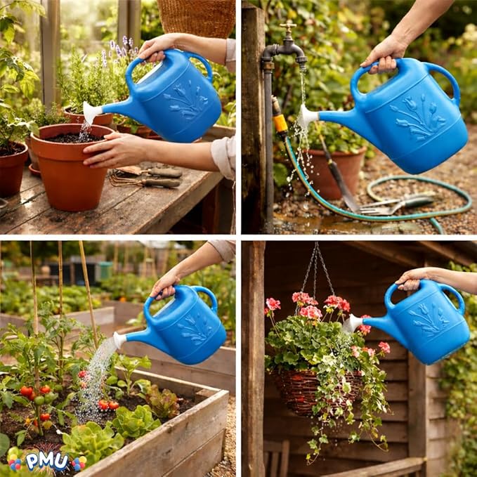 PMU 2 Gallon Watering Can - Garden Watering Can for Indoor & Outdoor Plants - Plastic Water Can with Detachable Sprinkler Head - Large Water Pot, Made in USA - Blue Pkg/12