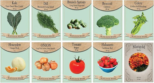 Vegetable, Flower, & Herb Seed Set - 10 Varieties of Non-GMO Heirloom Premium Seeds for Planting - Rutger Tomato, Kale, Onion, and More!